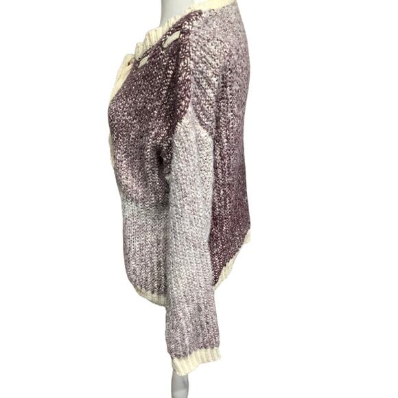 GeeGee Plum Purple and White Lace-Up Sweater, Size Small Cropped, Cozy, Feminine - Picture 2 of 7